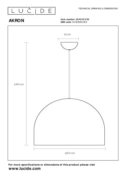 Lucide AKRON - Suspension - Ø 50 cm - 1xE27 - Gris - technique